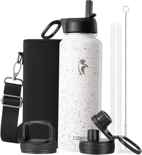 Vista 93 de Coolflask Botella de agua de 20 onzas aislada con pajilla, 3 tapas de metal de acero inoxidable, botella de agua de boca ancha para deportes u