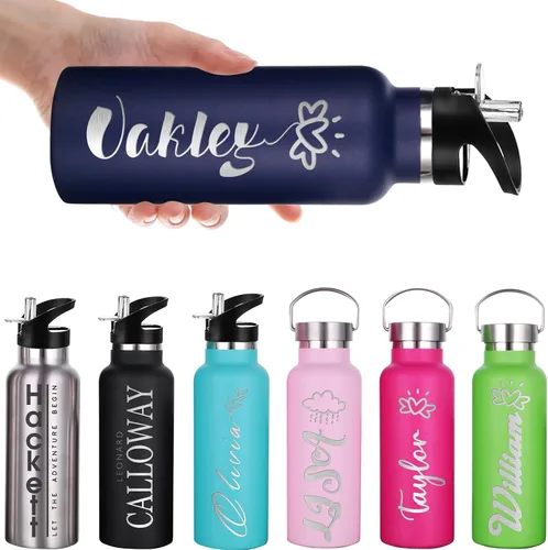 Vista 11 de Botellas de agua personalizadas con tapa de popote de 12/26 onzas, botella de agua deportiva aislada personalizada con grabado láser, botella