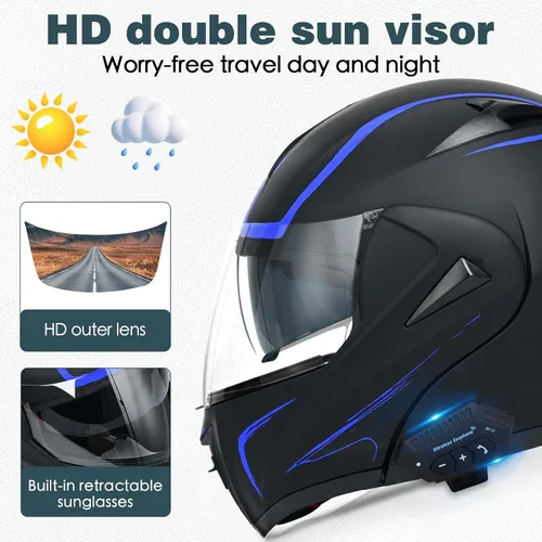 Vista 3 de Casco modular Bluetooth para motocicleta, aprobado por DOT, doble visera, abatible, de cara completa, con Bluetooth, casco de motocicleta integrado