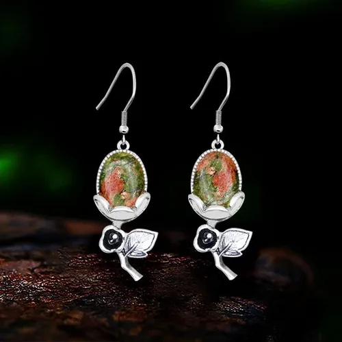 Vista 3 de Natural Stone Amethysts Quartz Rose Flower Pendant Earrings For Women Antique Silver Plated Tiger Eye Fashion Earring Jewelry