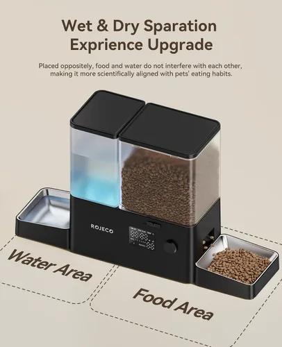 Vista 3 de Rojeco Dispensador Automático para Mascotas de 36 Tazas/8.5L y Dispensador de Agua por Gravedad, Juego de Cuencos de Acero Inoxidable 2-en-1 de Gran