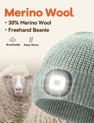 Vista 2 de Beanie Hat with Light, Merino Wool Winter Hat LED Knit Beanie Hat USB Rechargeable Night Scope Gift for Men Women