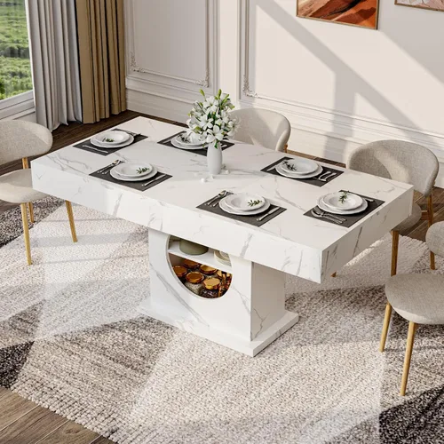 Vista 4 de Mesa de comedor de 55 pulgadas para 4 a 6 personas, mesa de comedor de madera de granja con cajones y almacenamiento abierto para cocina, comedor