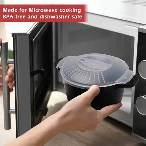 Vista 2 de Utensilios de cocina profesionales grandes para microondas de 2 cuartos, vaporera de microondas para verduras, cocinador para microondas - sin BPA