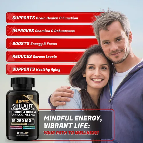 Vista 7 de ELVPOTEC 9000 mg Shilajit, 2000 mg Ashwagandha Energy Booster, 1000 mg Rhodiola Rosea, 1500 mg Panax Ginseng, 500 mg de cúrcuma, Ginkgo, 250 mg