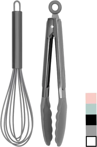 Vista 7 de Country Kitchen Pinzas de cocina de acero inoxidable con punta de silicona para utensilios de cocina antiadherentes, tarifa de BPA, elegante Gris
