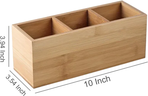 Vista 5 de Soporte para lápices de madera de bambú para escritorio, soporte de control remoto, organizador, almacenamiento de escritorio con 3 compartimentos