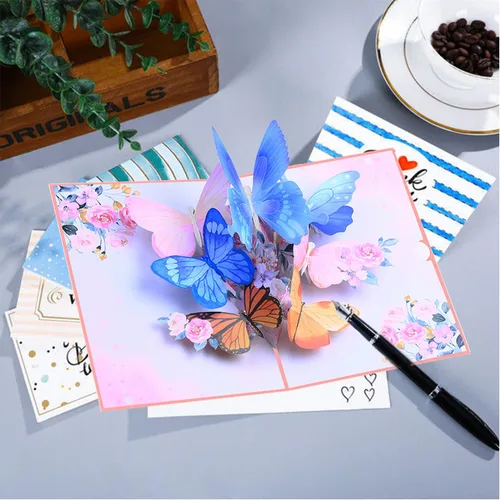 Vista 2 de ROBBEAR Tarjeta emergente, tarjeta de felicitación 3D de mariposa y flor con sobre para cualquier ocasión, cumpleaños, día de la madre, aniversario