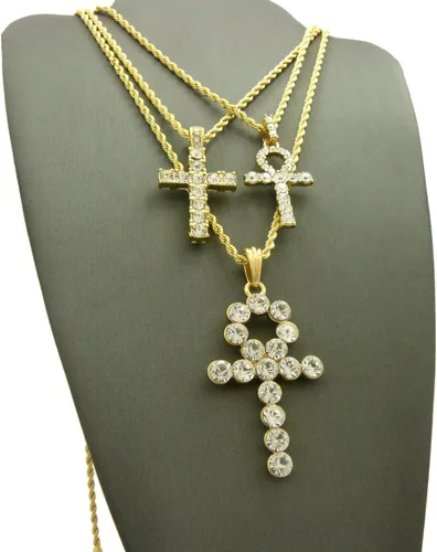 Vista 6 de Iced Out Breath of Life Ankh, colgante de cruz de 24.0in, 30 pulgadas, cadena de cuerda de 3 collar en tono dorado