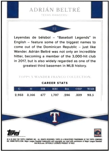 Vista 2 de ADRIAN BELTRE 2022 Topps X Wander Franco #32 NM+-MT+ MLB Baseball Leyendas de Beisbol