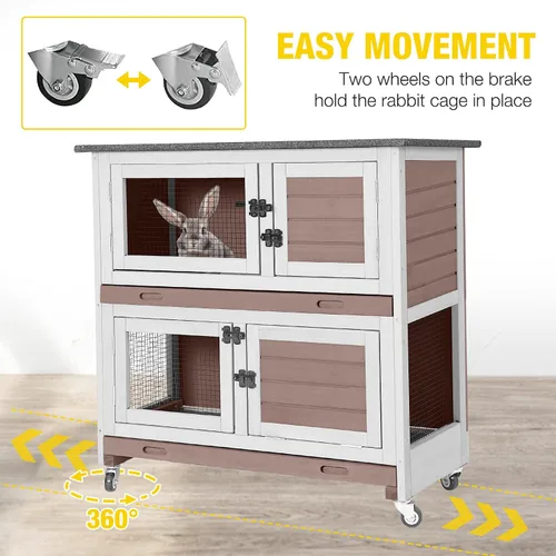 Vista 2 de Aivituvin Rabbit Hutch - Jaula para conejitos de interior para exteriores, casa de mascotas de 2 pisos, jaula de conejillo de indias con ruedas
