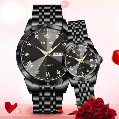 Vista 32 de OLEVS Juego de 2 relojes de cuarzo para parejas de San Valentín, calendario luminoso, ventana de fecha, 3 ATM, impermeable, casual, acero