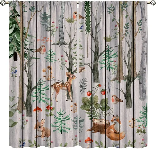 Vista 17 de Cortinas de animales del bosque, tratamientos de ventana para dormitorio del hogar, decoración de ventana de caricaturas, oso de acuarela, ardilla