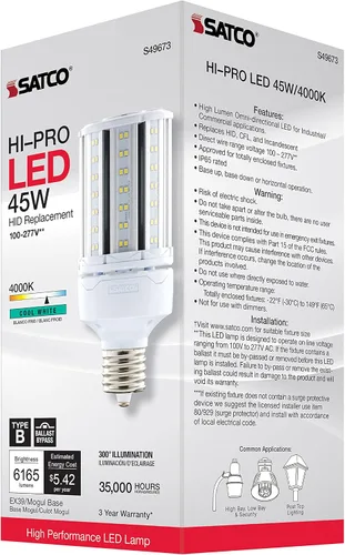 Vista 9 de Satco S49673 - Bombilla LED HID de mazorca de maíz, base extendida Mogul, 45 W, clasificación de 35000 horas, 6165 L, blanco frío 6,165 lumens