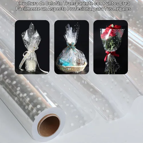 Vista 4 de Rollo de celofán transparente extra ancho de 100 pies x 34 pulgadas con punto blanco irregular, rollo de celofán más grueso transparente, cestas