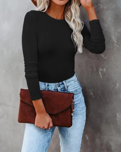Vista 7 de VICHYIE Ropa de otoño para mujer, cuello redondo, acanalada, manga larga, ajustada, camiseta básica casual