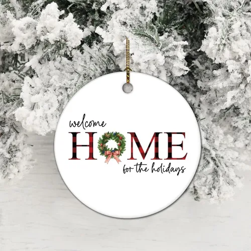 Vista 2 de Adorno de Navidad de cerámica de 3 pulgadas, recuerdo de bienvenida a casa para las vacaciones, divertido colgante de porcelana impresa de dos caras