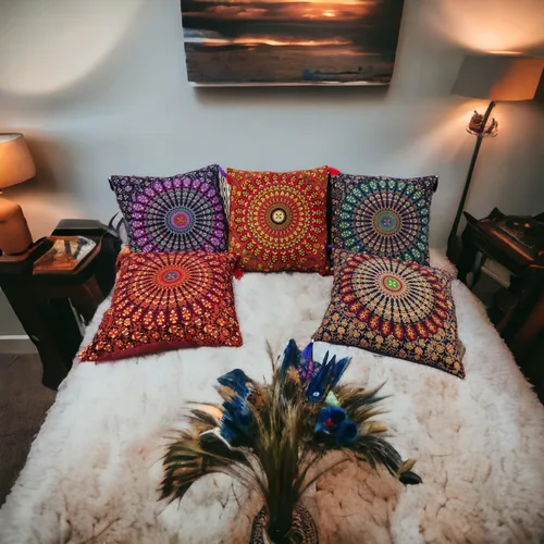 Vista 8 de Juego de 5 fundas de almohadas decorativas bohemias - Cojines decorativos de seda para sofá, sillón y cama - Decoración del hogar de inspiración