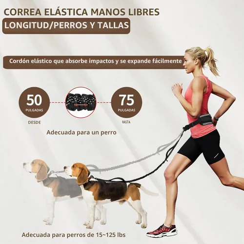Vista 5 de Correa de perro manos libres con bolsa para la cintura, soporte lumbar mejorado, correa reflectante elástica, cinturón ajustable de 25-55 pulgadas