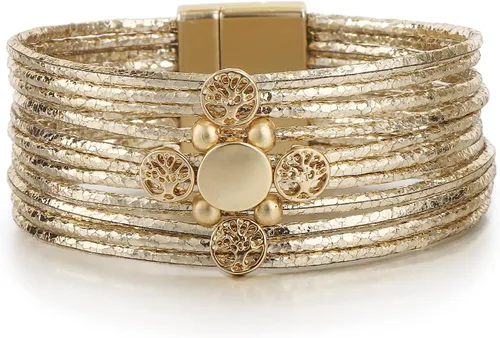 Vista 20 de Edoneery - Pulsera envolvente de cuero para mujer, brazalete de puño de múltiples capas hecho a mano estilo bohemio con cuentas de cristal