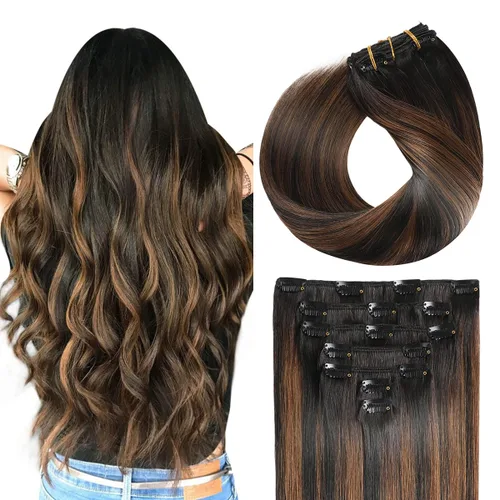 Vista 15 de SUYYA Extensiones de cabello humano real con pinzas, 7 piezas de extensiones de cabello humano Remy liso con clip, para mujer, doble trama, 12 #1