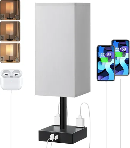 Vista 11 de Lámpara de mesa de noche táctil, con pantalla, puertos de carga USB C+A y salidas de CA duales, para dormitorio, sala de estar, oficina