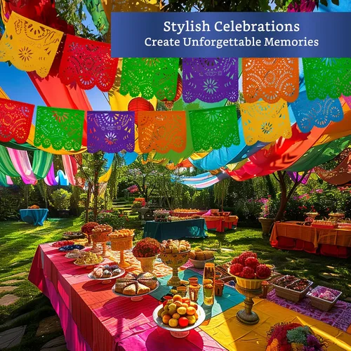 Vista 5 de Pancartas de fiesta mexicana (paquete de 2 con 10 banderas de plástico por bandera), papel picado mexicano para fiesta, papel picado de plástico