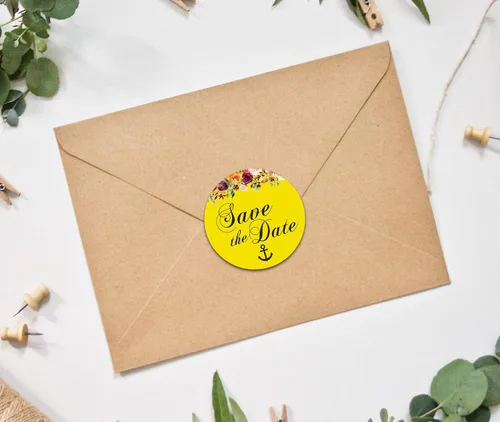 Vista 2 de Darling Souvenir 45 piezas amarillo redondo floral & Anchor Save the Date pegatinas DIY sobre Sellos - 1.6 pulgadas