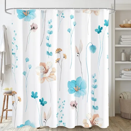 Vista 30 de Gibelle Cortina de ducha pequeña de 36 x 72 pulgadas, cortina de ducha estrecha de tela floral de media acuarela, juego de cortina de ducha Azul