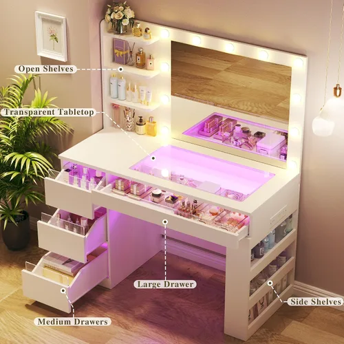 Vista 3 de Escritorio de tocador con espejo iluminado y parte superior transparente, escritorio de tocador de maquillaje con 4 cajones transparentes e