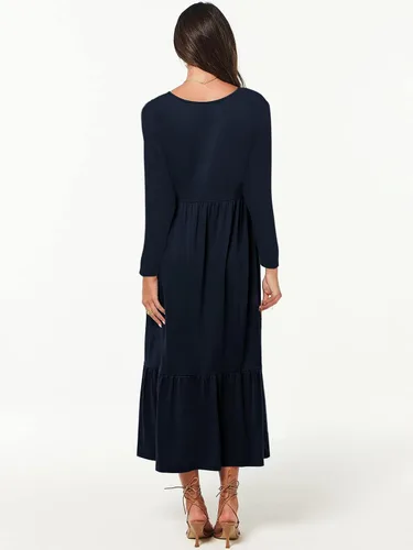 Vista 2 de Paintcolors Vestido largo casual de manga larga con cuello en V para mujer, vestido escalonado, color sólido, holgado, con vuelo, vestido midi