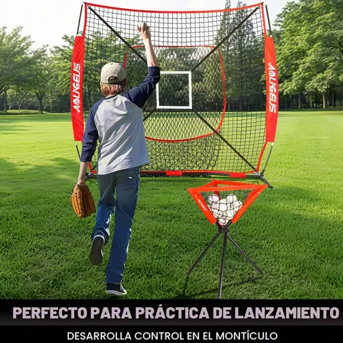 Vista 4 de 6'x6' Baseball Softball Practice Net, Batting Tee & Ball Caddy Rojo-A