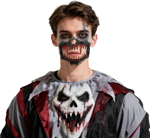 Vista 8 de Aroncent Máscara de media cara de calavera de Halloween con colmillos sangrientos: accesorio de disfraz de mandíbula de esqueleto aterrador