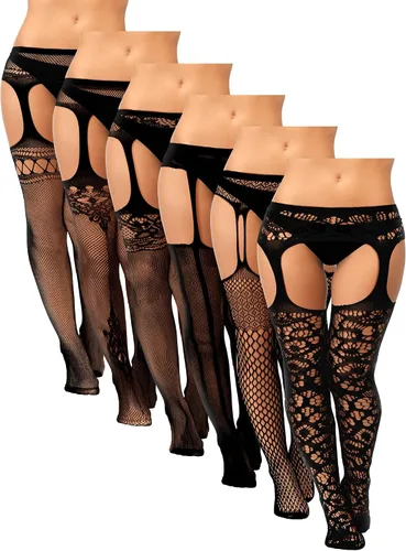 Vista 27 de Skylety 6 pares de medias de red para mujer, medias altas hasta el muslo, medias con tirantes para mujeres y niñas