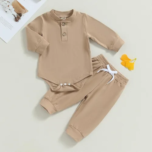 Vista 3 de Ropa de bebé recién nacido, ropa de punto acanalado, manga larga, pantalones de algodón sólido, trajes de otoño e invierno, 2 piezas