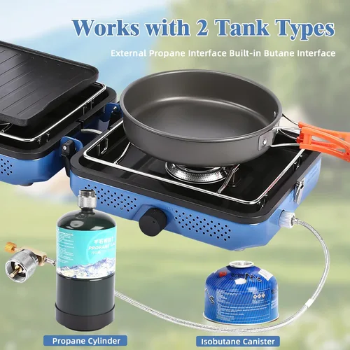 Vista 6 de Hisencn Camping Stove 2 Burner Foldable Propane Camping Stove with Cookware