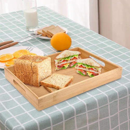 Vista 6 de Bandejas de bambú para comer en el sofá, platos de fiesta para servir alimentos, bandeja decorativa para encimera de cocina rectangular