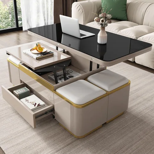 Vista 3 de Guyii Mesa de centro elevable con taburetes de almacenamiento, mesa central 3 en 1, altura ajustable, mesa plegable para sala de estar, ahorro