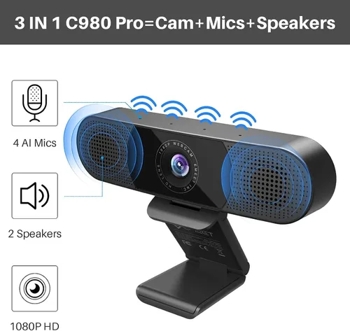 Vista 2 de Cámara web 3 en 1 con trípode y cubierta de privacidad, cámara web eMeet C980 Pro con micrófono, 2 altavoces y 4 matrices de micrófono de reducción