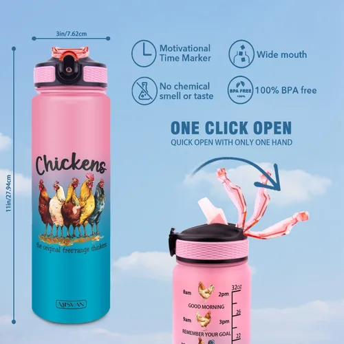 Vista 2 de Botellas de agua de 32 onzas, con marcador de tiempo, botella de agua reutilizable, botella de agua deportiva, botellas de agua de plástico, botella