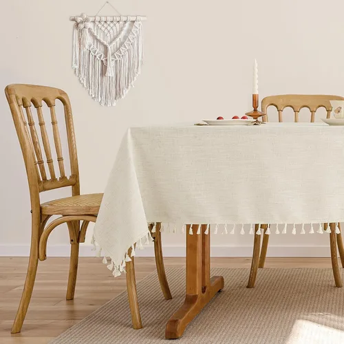 Vista 8 de Mantel rectangular de lino beige crema para comedor y cocina, mantel rectangular de arpillera de lino con borlas, resistente, rústico, campestre
