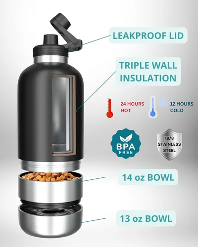 Vista 2 de Botella de agua para perros, botella de agua de viaje aislada para perros, dispensador de botellas de agua para mascotas de acero inoxidable