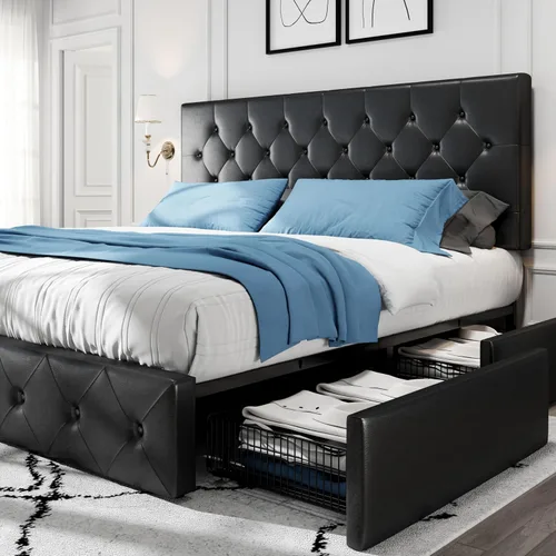 Vista 10 de HOOMIC Base de cama de almacenamiento de plataforma de tamaño matrimonial con 4 cajones y cabecera ajustable, listones de madera, no necesita Blanco