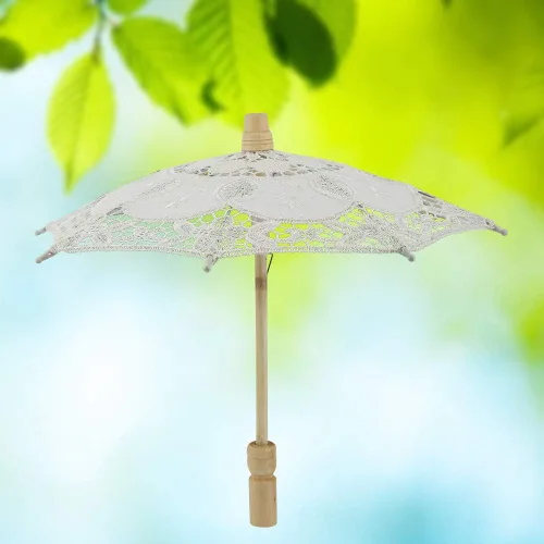 Vista 4 de Diyeeni Paraguas de novia, elegante sombrilla de bordado de algodón con encaje floral hecho a mano, sombrilla con mango de madera para bodas
