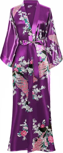 Vista 12 de BABEYOND Bata tipo kimono para mujer, bata larga de satén con estampado de pavo real y flores Verde