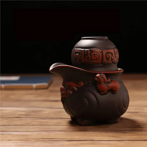 Vista 9 de Juego de tetera de cerámica hecha a mano, juego de tetera y taza de té chino Pi Xiu, tetera de porcelana Zisha Kung Fu, juegos de té de arcilla Negro