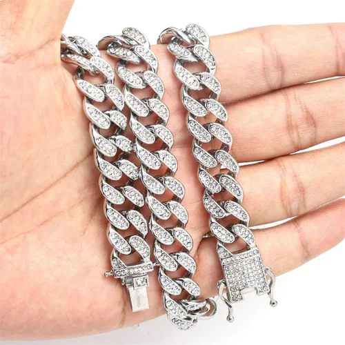 Vista 5 de Collar de cadena para hombremujer, eslabones cubanos de 13 mm esmerilados, fuertes y pesados, estilo hip-hop, Miami, cristales de imitacióncirconia