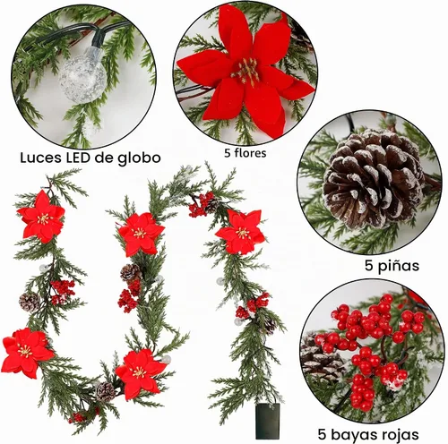 Vista 4 de DR.DUDU Guirnalda de Navidad artificial preiluminada de 6 pies con 20 luces LED, funciona con pilas con piñas, bayas rojas, agujas de pino, corona