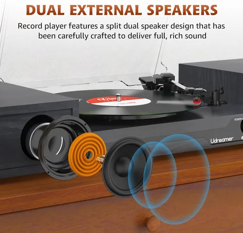 Vista 3 de Reproductor de discos de vinilo con altavoces, tocadiscos portátil Bluetooth para discos de vinilo, fonógrafo LP con reproductor de 3 velocidades