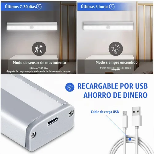 Vista 2 de Paquete de 6 luces LED con sensor de movimiento, iluminación inalámbrica para debajo del gabinete, luces LED con sensor de movimiento, barra de luz
